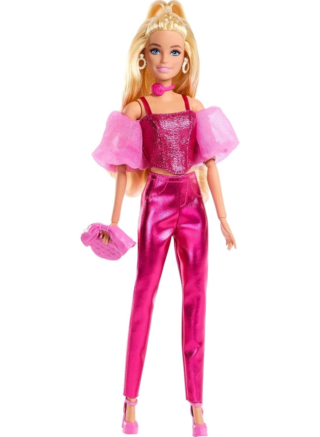 Barbie Deluxe Style Doll in Metallic Pink Outfit with Blonde Hair, Sparkly Corset Top & Fashion Accessories