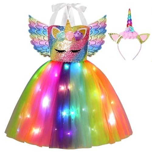 Davsolly Unicorn Costume for Girls Led Light Up Unicorn Princess Tutu Outfit for Halloween Dress Up Birthday Christmas Gifts