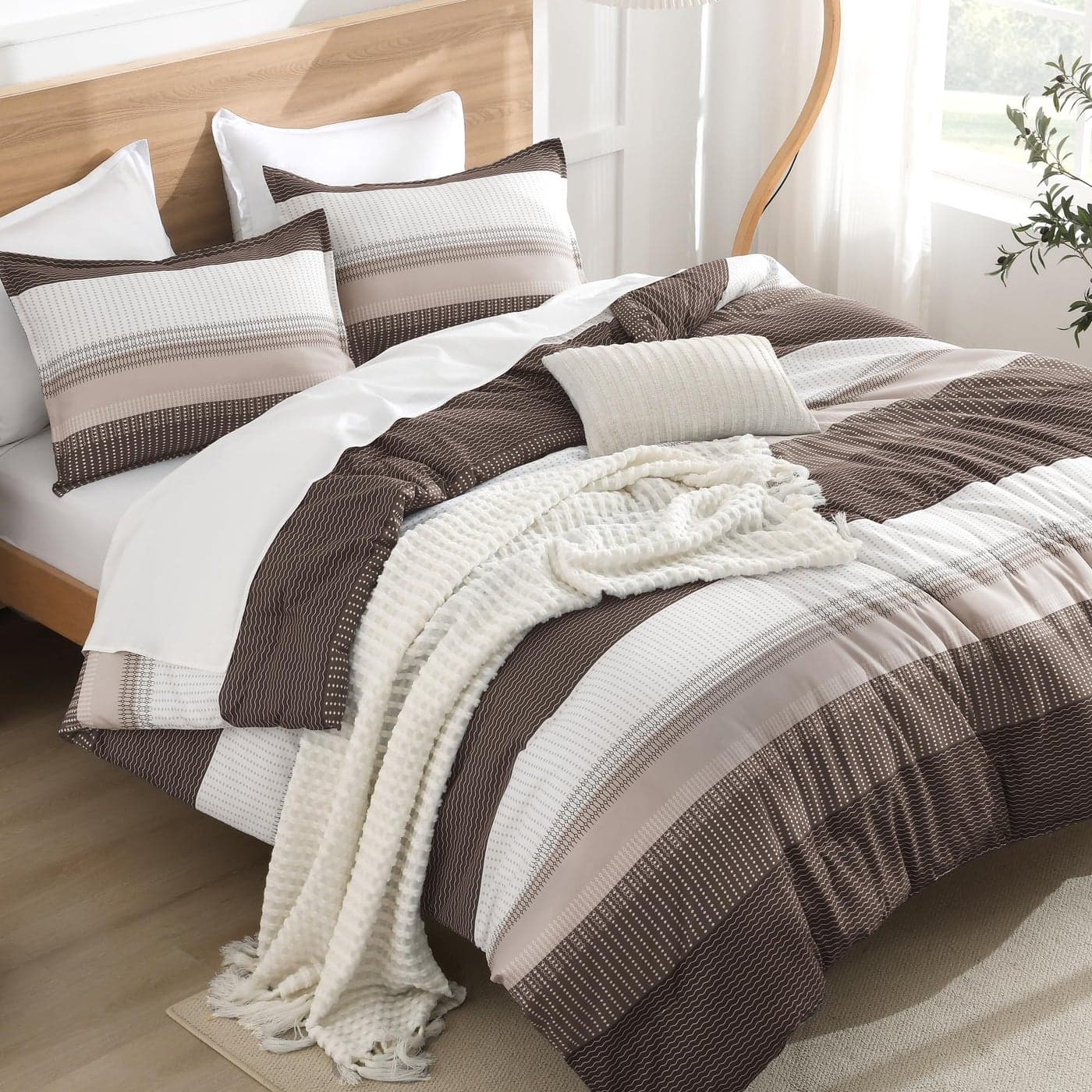 Litanika Comforter Set Full Size Chocolate 3 Pieces Lightweight Colorblock Stripe Fluffy Bedding Comforter Sets All Season Bed Set