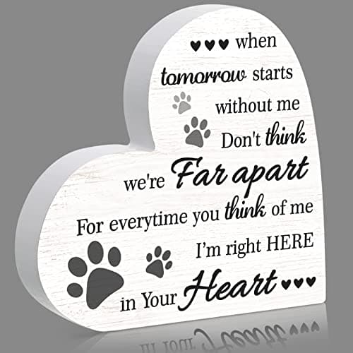 Maitys Pet Memorial Gifts Bereavement Remembrance for Loss of Dog Cat Sympathy Condolence Gifts Heart Shaped Wood Sign When Tomorrow Starts Without Me Wooden Plaque for Table Desk Decor(White)