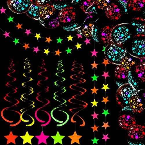 61 Pieces Neon Balloons Party Supplies Glow Party Sets Including 50 Pieces 12 Inch UV Glow Balloons 14 Ft Neon Star Garland 10 Pieces Neon Star Swirl Hanging for Birthday Wedding Arch Party Decoration