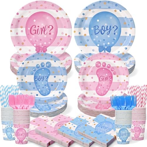 300Pcs Gender Reveal Plates and Cups and Napkins Sets with Forks and Straws Party Supplies Pink and Blue Plates He or She Baby Gender Reveal Decorations Boy or Girl Serves 50