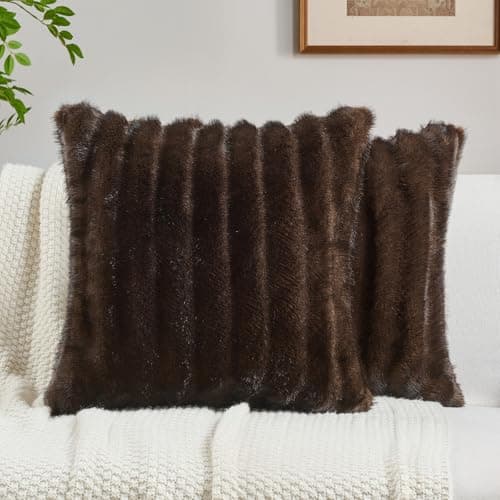 FUTEI Pack of 2 Faux Mink Fur Throw Pillow Covers 18x18 Inch Soft Fluffy Dyeing Striped Textured Farmhouse Decorative Cushion Case Modern Home Decor for Couch Bed Living Room, Dark Coffee