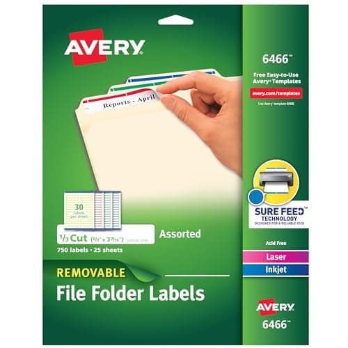 Avery File Folder Labels with Sure Feed 23 x 3716 750 Printable Labels Removable Assorted 6466