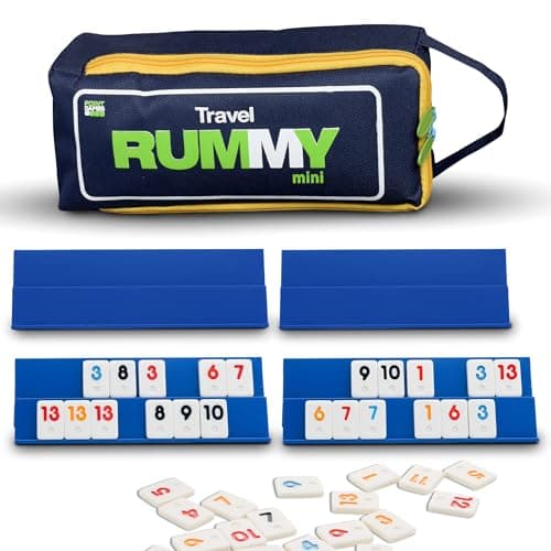 Point Games Classic Mini Rummy Game Set with 4 Exclusive Folding Playing Racks in Super Durable Travel Bag for 24 Players Great Gift for Adults and Kids
