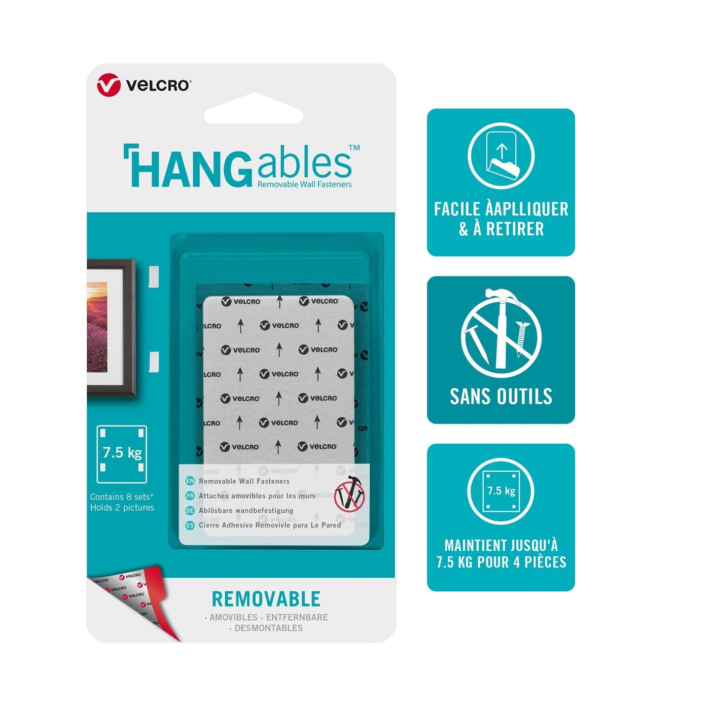 VELCRO Brand HANGables Removable Wall Fasteners Strong Adhesive Hold Up to 75 kg 16 lb per set of 4 EasytoRemove from Wall Firm Hold to Frame or Mirror 1 x 3in strips 8 sets White