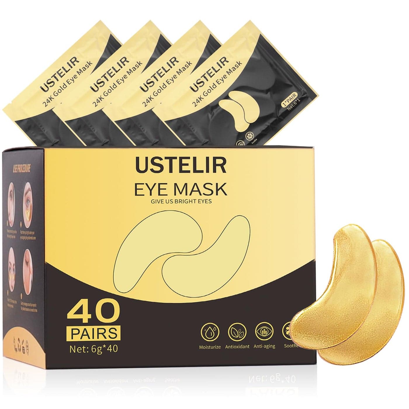 USTELIR Under Eye Patches 40 Pairs Eye Mask for Dark Circles Puffy Eyes Undereye BagsWrinklesEye Mask Patches with 24K Gold Eye Treatment Skin Care for Men Women Gift