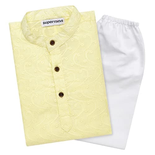 superminis Baby Boys Ethnic Wear Colored Cotton Chikankari Kurta, Round Collar, Full Sleeves With White Pyjama, Kurta Set (Lemon, 3-6 Months)