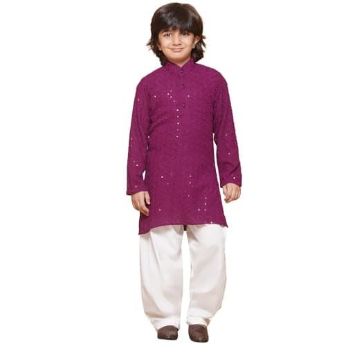 AJ DEZINES Boys Ethnic Kurta Pajama Set | Cotton Full Sleeve Chikankari Kurta with Sequins | Traditional & Festive Outfit | Mandarin Collar, Regular Fit | Special Occasion Outfit for Kids | PURPLE-8