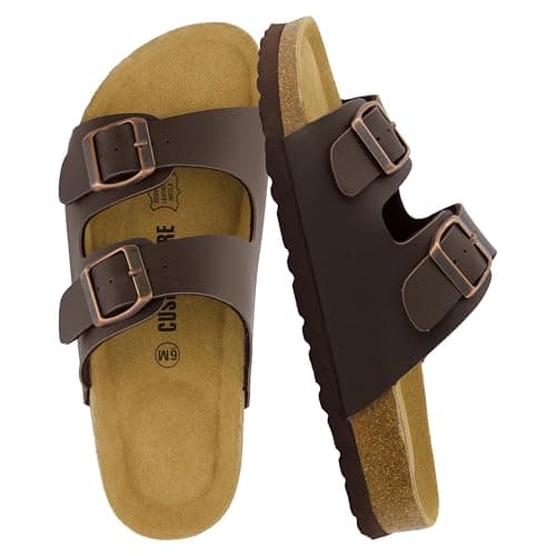 CUSHIONAIRE Lane Cork Footbed Sandals for Women – Comfortable Double Buckle Slip-On with Genuine Suede Footbed & Arch Support Slides for Women Footwear, BROWN 8