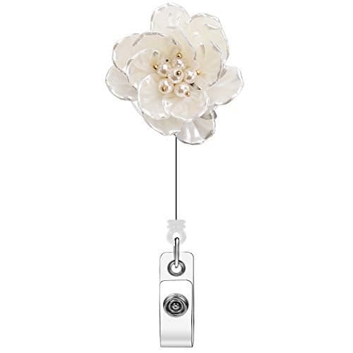Cute Retractable Badge Reel, Xoqo Badge Reel Clip for Nurse, Lightweight ID Name Badge Holder with Alligator Clip (White Flower)