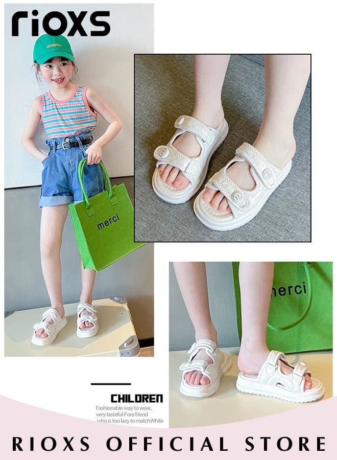 Flat Slipper for Kids Girls, Classic Cozzzy Slide Sandals, Non-Slip Soft Sole Beach Sandals, Fashion Slippers with Double Strap, Comfy Girls' Slip-ons with Cushioned Footbed, Beige Flat Sandals for Casual Travel and Daily Wear