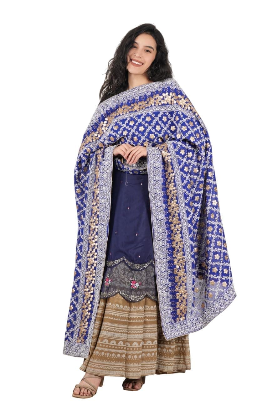 A R Silk DUPATTA HUB Women's Georgette Royal Blue Lucknowi Embroidery Work dupatta for women all over gotta patti work heavy dupatta for wedding(ARS01170)