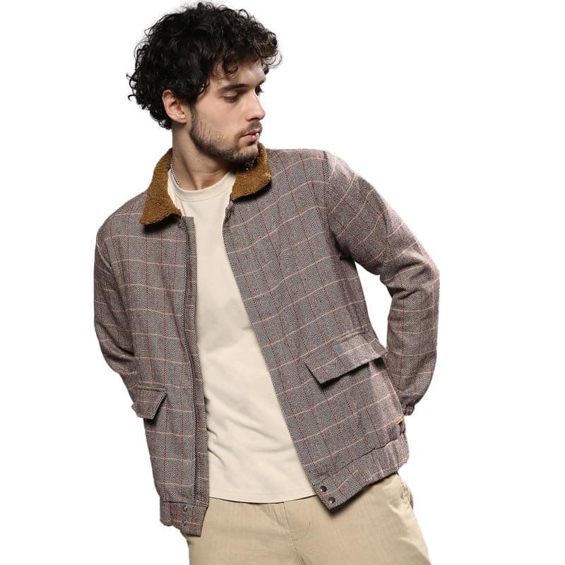 Campus Sutra Men's Brown Tartan Plaid Jacket With Fleece Collar For Casual Wear | Spread Collar | Long Sleeve | Zipper Closure | Cotton Jacket Crafted With Comfort Fit For Everyday Wear