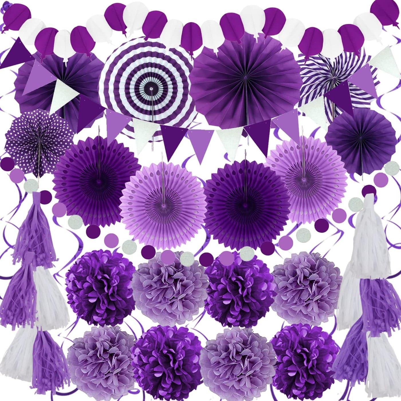 ZERODECO Party Decorations 41 Pcs Purple Papar Fans Pompoms Garlands String Tissue Paper Tassel for Fiesta Home Bridal Baby Shower Wedding Boy Girl Birthday Party