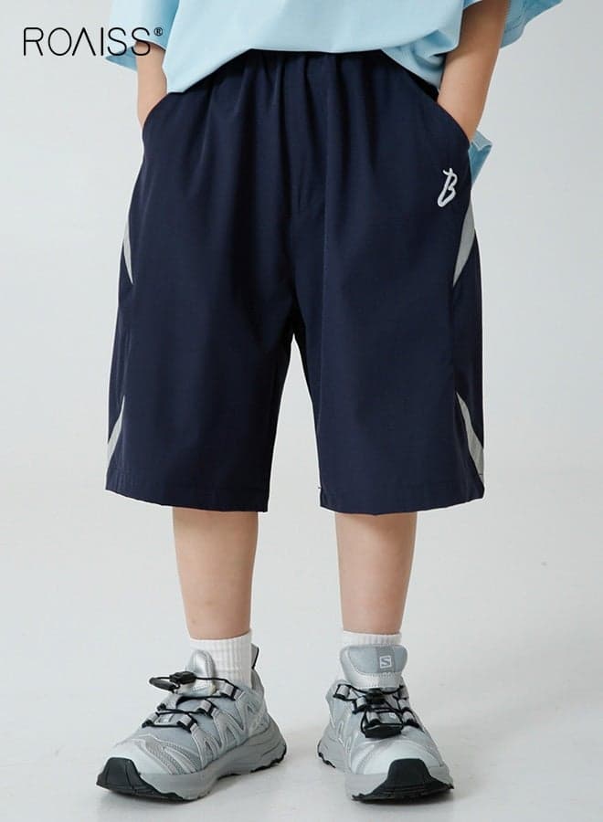 Boys Summer Sport Pants, Elastic Waist Fifth Pants with Side Pockets, Moisture-wicking Quick-drying Middle Trousers, Casual Versatile Slacks for Boys, Suitable for Daily Wear and Outdoor Activities
