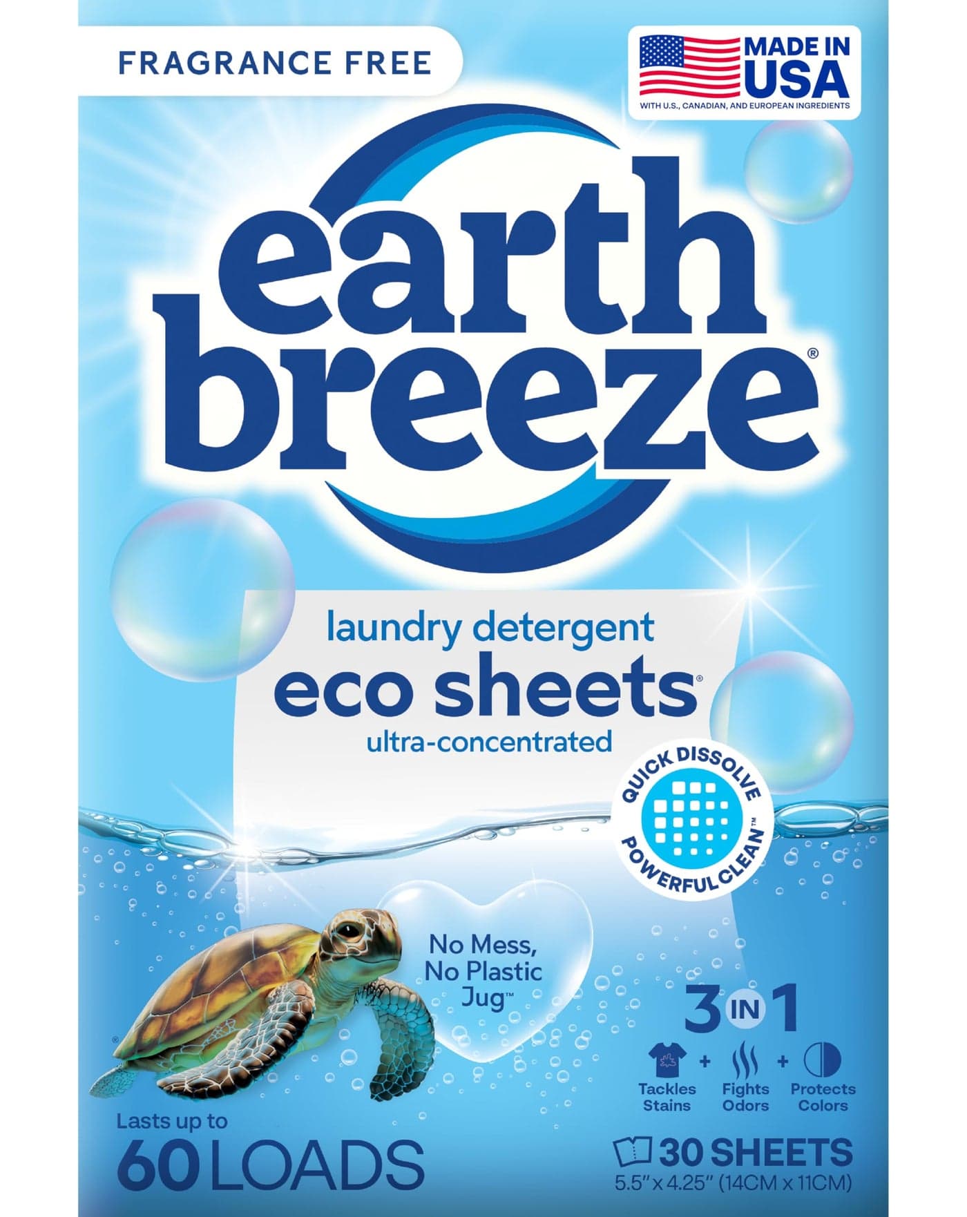 Earth Breeze Laundry Detergent Sheets FragranceFree 60 Loads Eco Liquidless Soap TravelFriendly for Hot Cold Cycles Tackles Tough Stains Odors Gentle on Sensitive Skin 30 Ct