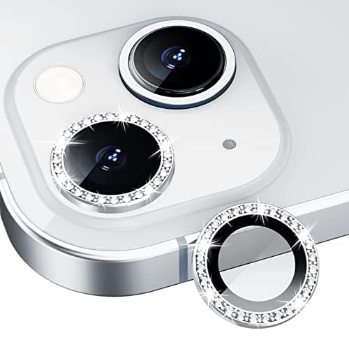 Xfilm Bling Diamond Individual Camera Lens Protector for iPhone 13 / iPhone 13 Mini, HD Clear Tempered Glass Camera Lens Screen Protection Cover, Case Friendly, Scratch Proof (Silver)