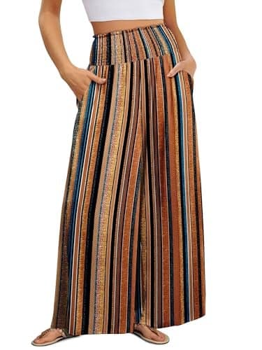 KISSMODA Womens Casual Palazzo Pants Comfy Elastic High Waist Pants Summer Vacation Trousers Pant Brown Stripe L