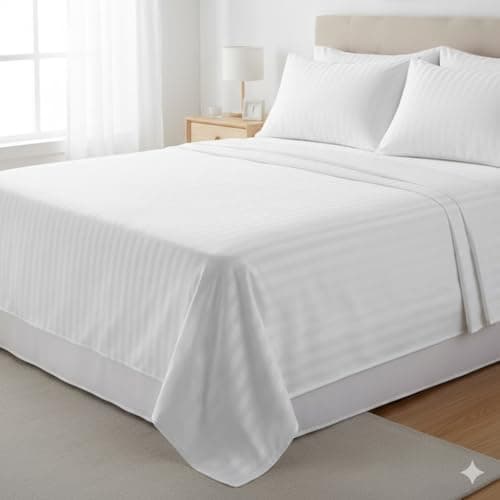 Guffaw 210 TC Glace Cotton Satin Striped Plain Bedsheet for Double Bed Queen Size with Two Pillow Covers for Home-Hotels-Guest House-White Color