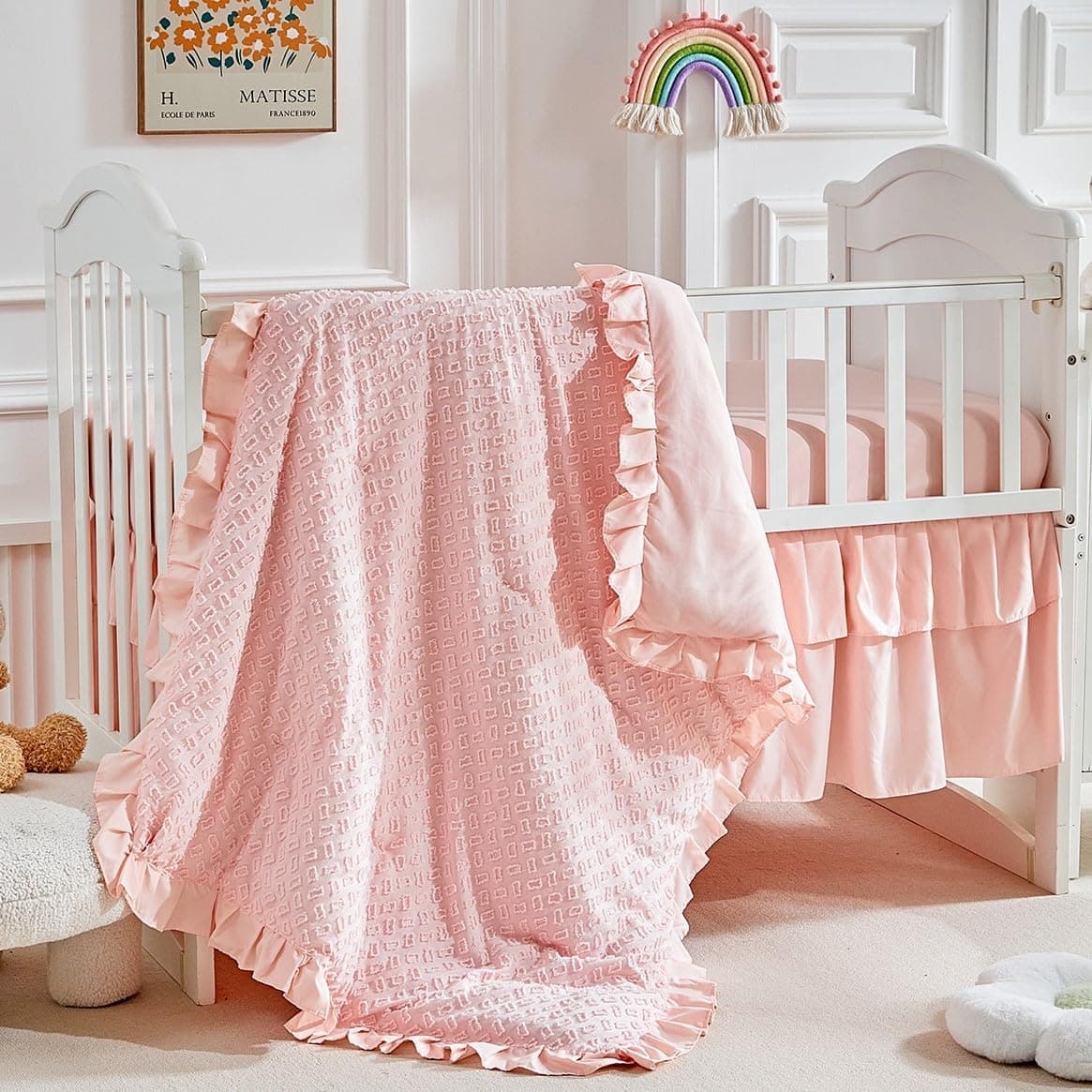 3 Pieces Tufted Crib Bedding Set with Ruffle Fringe Pink Ruffled Comforter with Fitted Sheet and Bed Skirt Soft and Embroidery Shabby Chic Boho Bohemian Jacquard Design for Baby Girls Boys