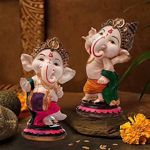 ARTISANS ALLEY Handcrafted Resin Little Standing Ganesha Statues for Home Decor - (Set of 2 Piece, Multicolor)