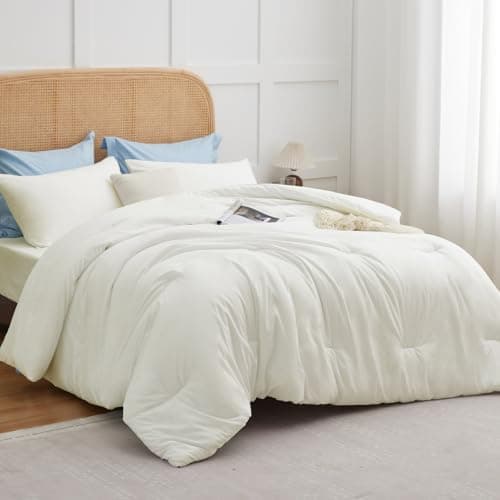 CozyLux King Size Comforter Set Ivory, 3 Pieces Solid Comforters King Size Breathable Quilted Bedding Sets, Luxury Soft Lightweight Bed Set with Down Alternative Comforter and 2 Pillowcases All Season