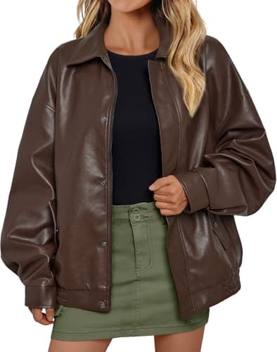 AUTOMET Women's Oversized Leather Jackets Faux Suede 2026 Fall Zip Up Motorcycle Coats Blazer Jackets for Women Outfits Brown S
