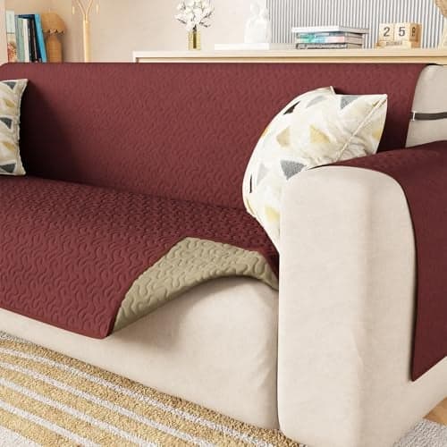 Lukzer 4 Seater Quilted Stipple Maroon Sofa Cover Mat with Storage Side Pocket | 350 GSM Polyester Blend Full Coverage with Arms & Back Belt | Machine Washable Sofa Runner (210-220CM/SC-209-04)