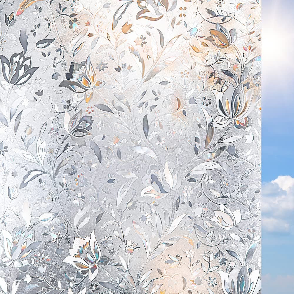 Privacy Window Film Selfadhesive Privacy Film Opaque No Glue Anti UV Decorative Stain Glass Film Window Covering Frosted Window Film Tulip 43x200cm