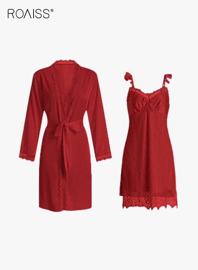2 Piece Nightgown Set Women Sweet Halter Nightdress Lace Lingerie Sleepwear Home Dress Set Romantic Elegant Pajamas Ladies Spring Autumn Robe Loungewear Red