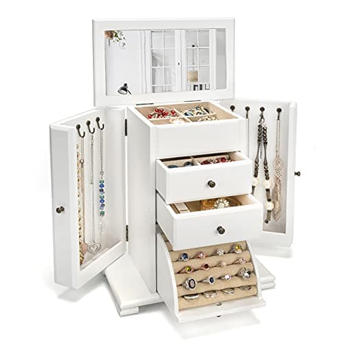 Emfogo Jewelry Box for Women, Rustic Wooden Jewelry Boxes & Organizers with Mirror, 4 Layer Jewelry Organizer Box Display for Rings Earrings Necklaces Bracelets (Weathered White)