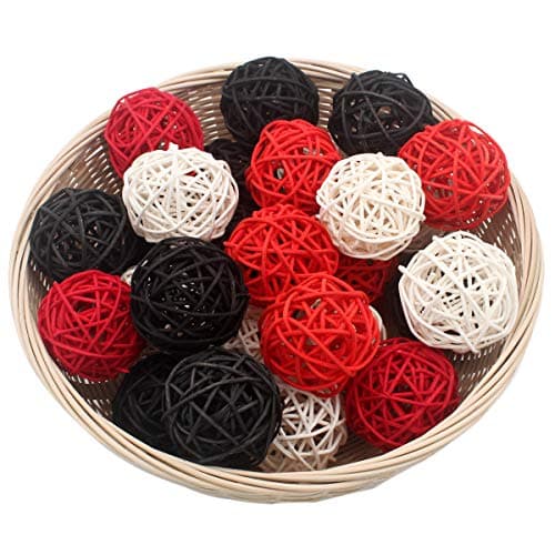 ALLHEARTDESIRES 15 PCS Red Black White Decorative Wicker Rattan Balls for Vase Bowl Filler, Red Living Room Bathroom Decor, Christmas Tree Ornaments Home Patio Garden Hanging Decor