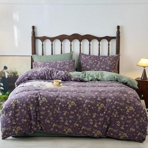 BuLuTu Muslin Duvet Cover Set Twin, 100% Cotton Floral Comforter Cover Linen Like, Soft Breathable Quilt Cover with 2 Pillowcases, 68"x86", Shabby Chic Purple Floral Green Bedding Set