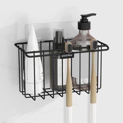 Plantex Self Adhesive Bathroom Shelf/Wall Mounted Storage Rack/Toothbrush Holder for Washroom/Shelf for Bathroom Wall- Pack of 1 (Black)