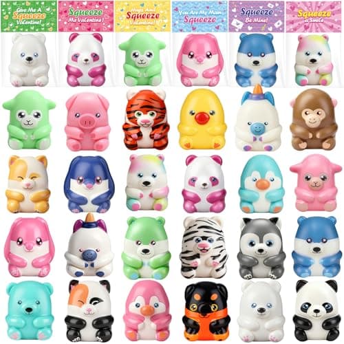 KIZZYEA Valentines Party Favors Valentines Day Gifts for Kids 24 Packs Valentines Day Cards for Kids School with Animal Squeeze Toys Exchange Gifts for Boys Girls Ideal Valentine Classroom Prizes