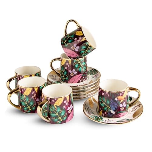 Octavius Golden Rainforest Tea Set (200 ML Each) – Set of 6 Porcelain Tea Cups & Saucers | Tropical Toucan & Butterfly Design with Gold Rim | Durable & Vegan | Premium Gift for Weddings & Tea Lovers