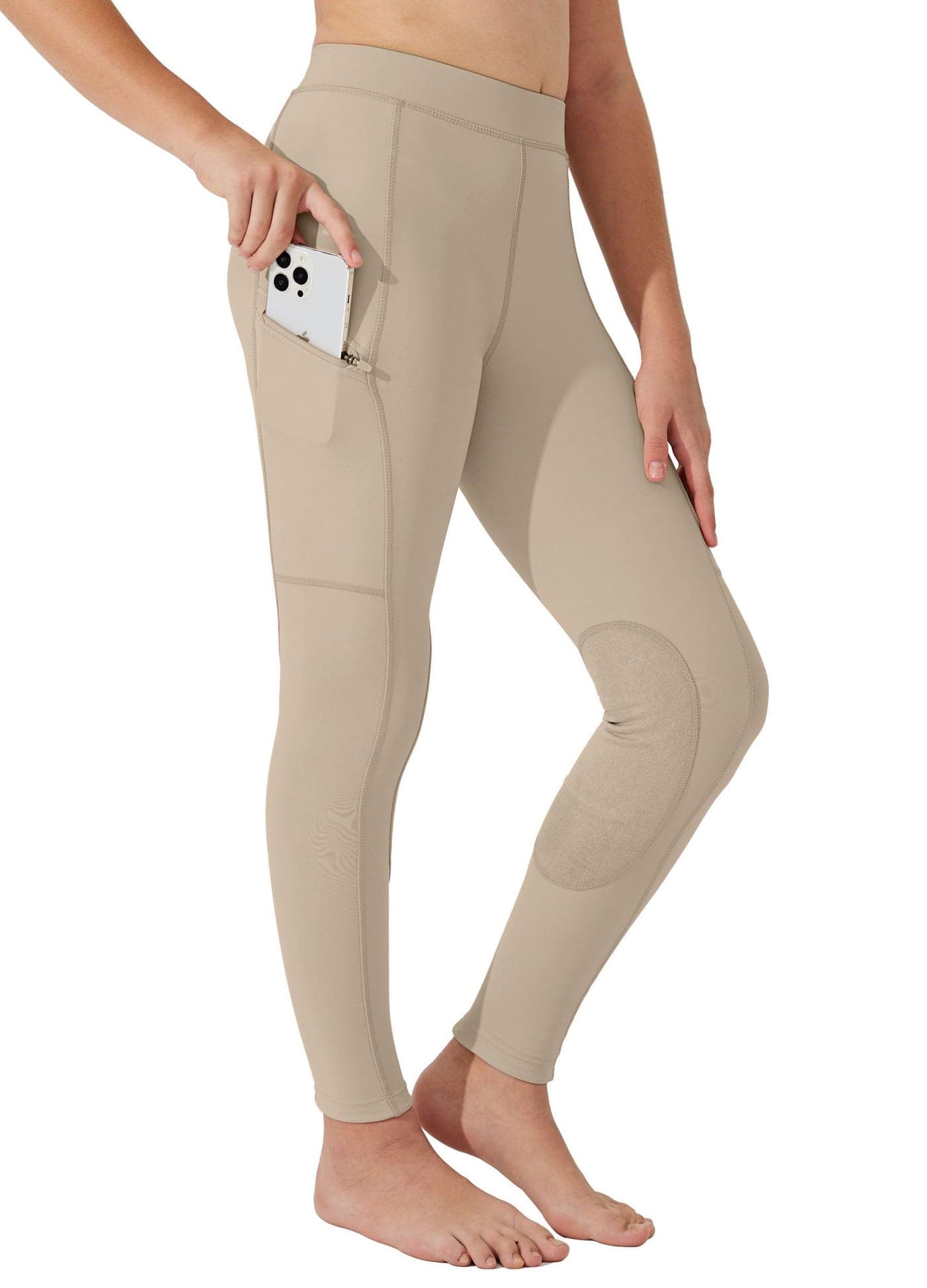 Willit Girls Horse Riding Pants Tights Kids Equestrian Breeches Knee-Patch Youth Schooling Tights Zipper Pockets Khaki M