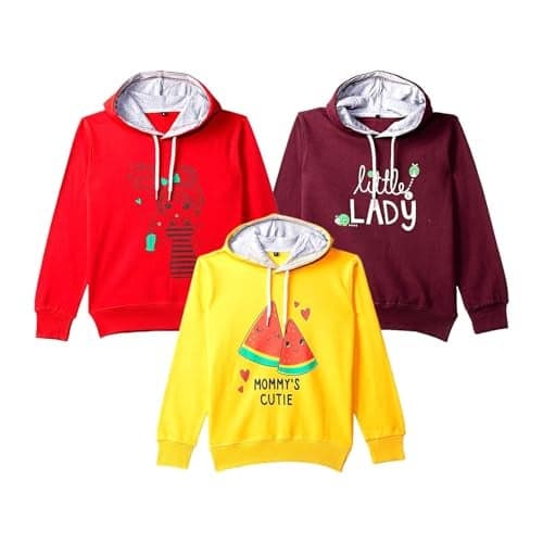 T2F Girls Cotton Printed Hooded Neck Sweatshirt (Pack of 3)(GLS-SS-PO3-01_Red+YLW+MRN_9-10 Years)
