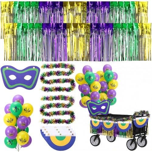 Seenelling 24 Pcs Mardi Gras Wagon Decorations DIY Mardi Gras Parade Float Kit Purple Green Gold Carnival Decor Tassel Foil Fringe Garland Balloons Mask and Fan Flag for Outdoor Party Supplies