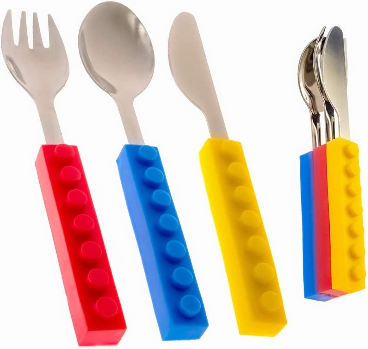 Toddler Utensils and Brick Toys Set of 3 Interlocking Block Kids Silverware Toddler Fork and Spoon Set with Toddler KnifeNonBPA Kids Cutlery and Kid Safe Stainless Steel Silverware3 Years Up