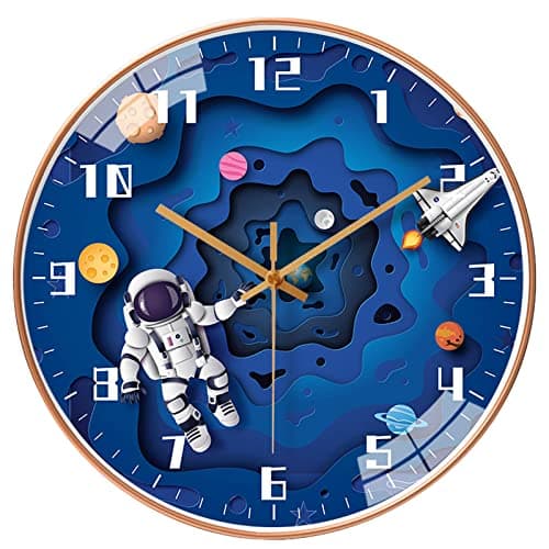 QINFIEY 12 Inch Silent Movement Kids Wall Clock Non Ticking Children Round Wall Clock Battery Operated Space Travel Style Decor Children Clock for School Boys Bedroom Living Room Space Decor Blue