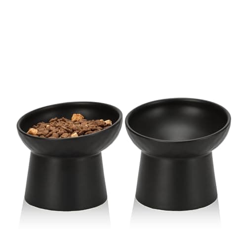 YauYik Raised Cat Bowl Black, Elevated Cat Food Bowls with Tilted Angle, Stress Free, Anti Vomiting, Ceramic Water Bowl for Cats Small Dogs Feeding Dish, 8 Ounces