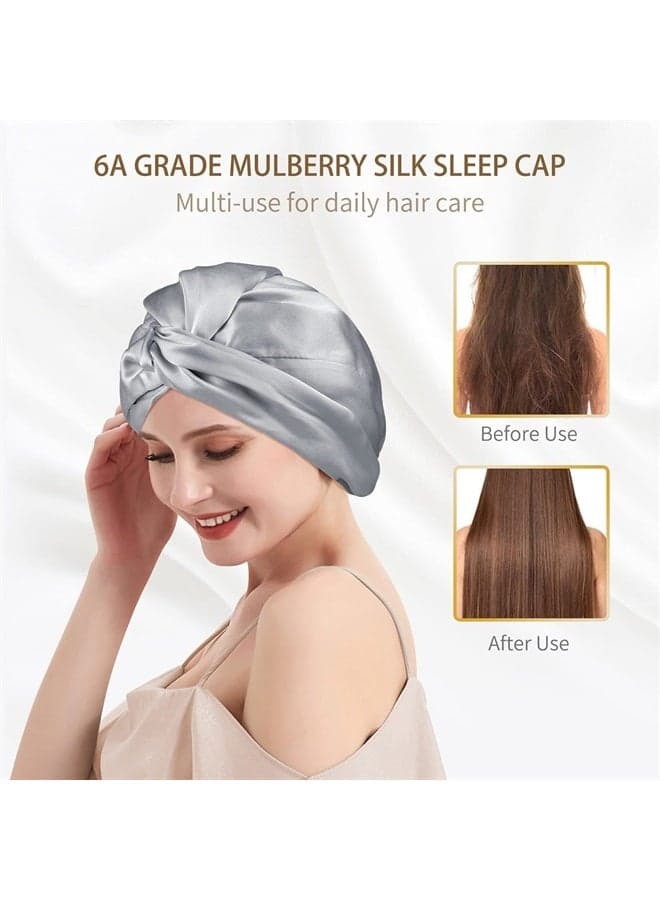 22 Momme Silk Hair Bonnet for Curly Hair, 100% Mulberry Silk Sleep Cap for Women, Night Cap for Sleeping, Light Grey