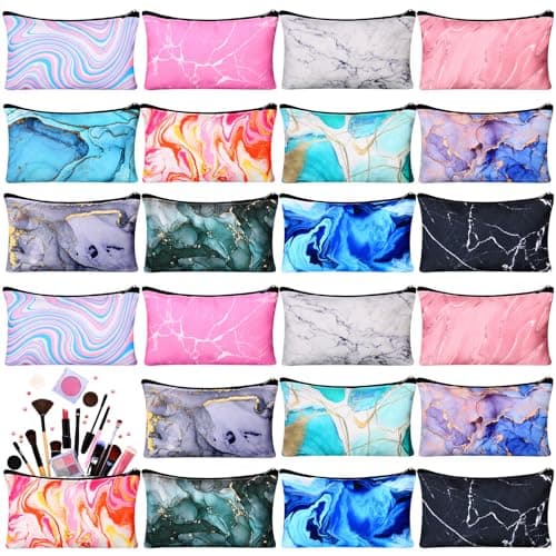 SilTriangle 24 Pieces Makeup Bags Bulk Canvas Cosmetic Bags Purse Organizer Zipper Cosmetic Pouch Portable Travel Toiletry Pouch for Women Men Gifts 7 x 4 Inch Marble