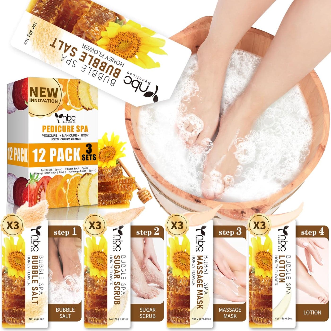 nbc BeautiLab Pedicure Kit Foot Soak Set Bubble Salt Sugar Scrub Massage Mask Massage Lotion in a Box 4 Step Foot Spa Kit for Dry Feet Tired Feet3 Set Honey flower
