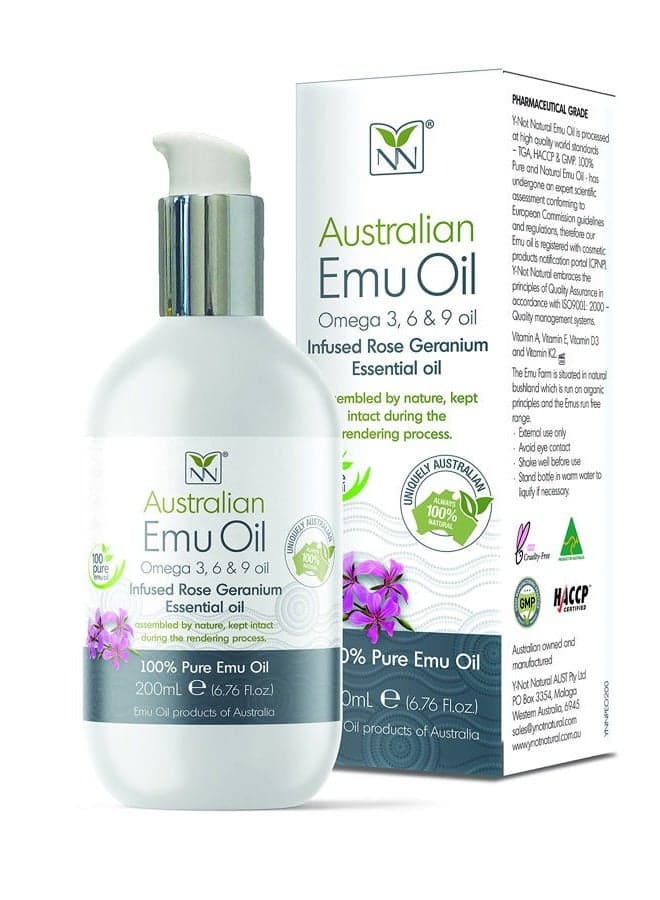 Y-Not Natural Ultra Pure Australian Emu Oil - Luxury, Hospital Grade Emu Oil 200 mL | Free Range Aboriginal Omega 3, 6 & 9 Oil Infused with Rose Geranium - The Ultimate Moisturizer for Skin, Hair, Nai