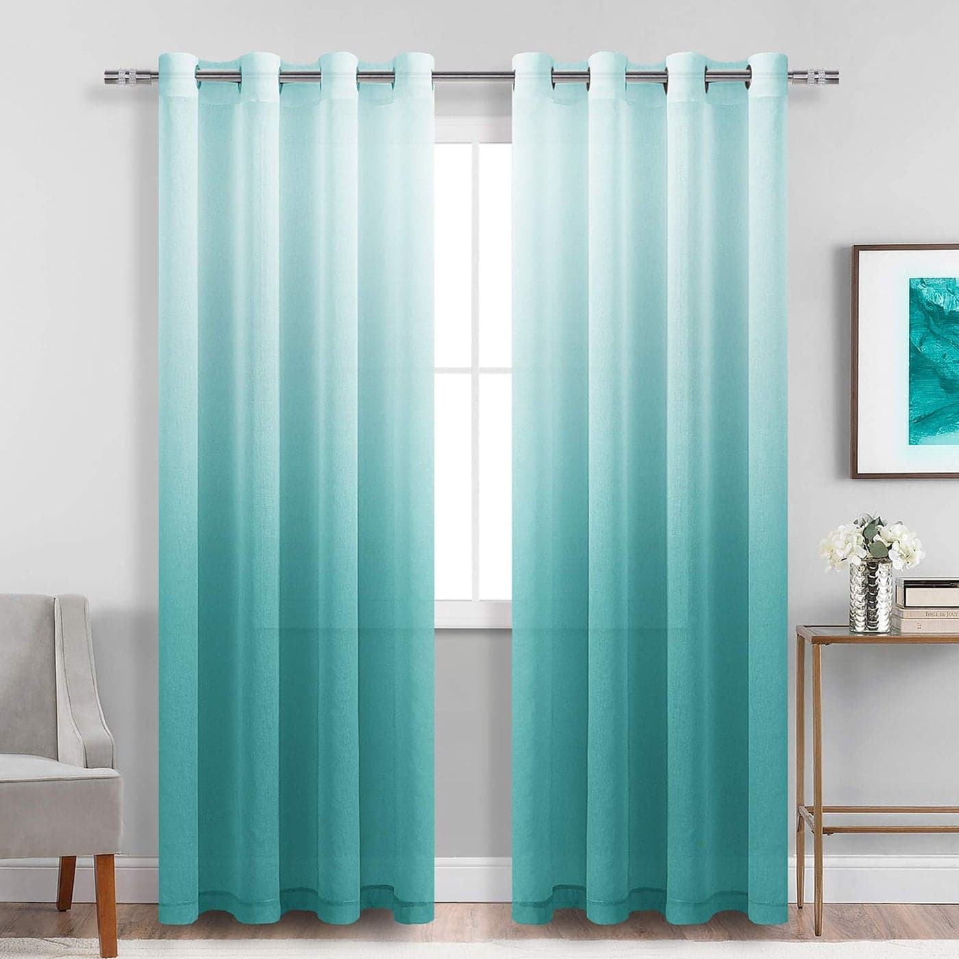 DWCN Faux Linen Ombre Sheer Curtains Gradient Semi Voile Drapes Bedroom and Living Room Curtains Set of 2 Grommet Top Window Curtain Panels 52 x 90 Inch Length Teal
