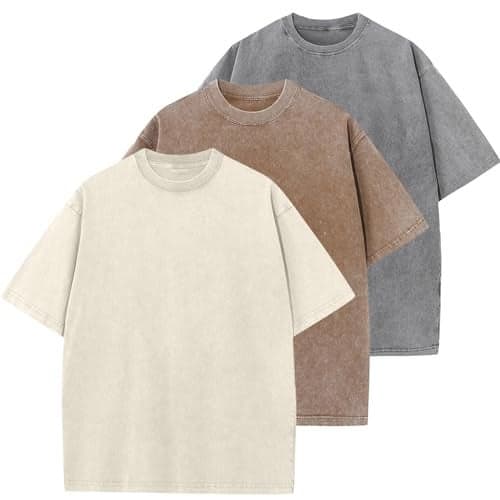 3 Pcs Oversized Heavy Cotton Summer T-Shirts Vintage Unisex Short Sleeves Casual Loose Basic Tops(Beige+Coffee+Grey M)