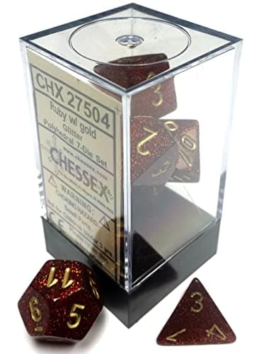 Glitter Polyhedral Ruby/Gold 7-Die Set, Ruby Red/Gold